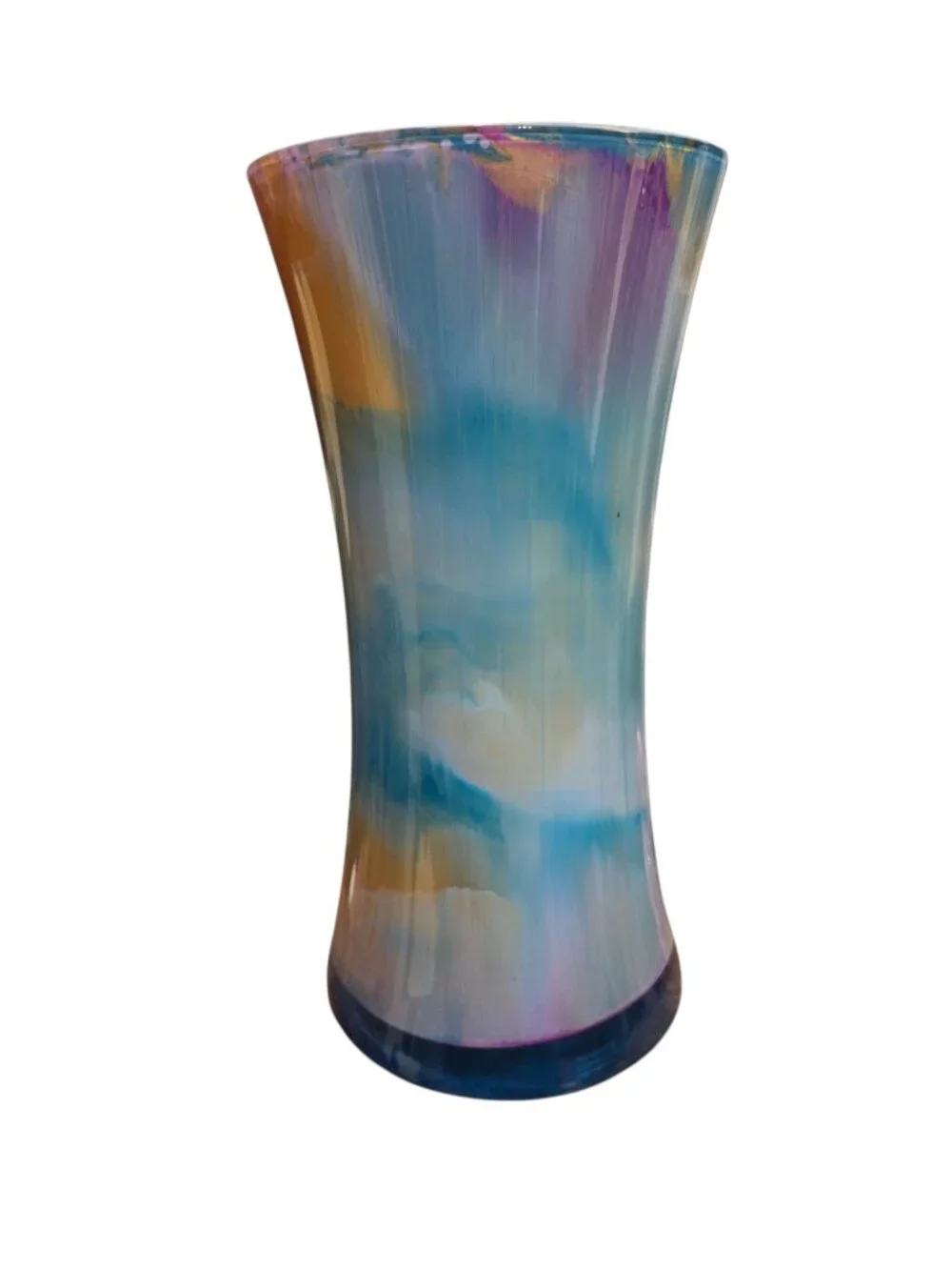 Acrylic Pour Home Décor Cylinder Vase in Teal Blue and Metallic Gold, SZ 8 Inch